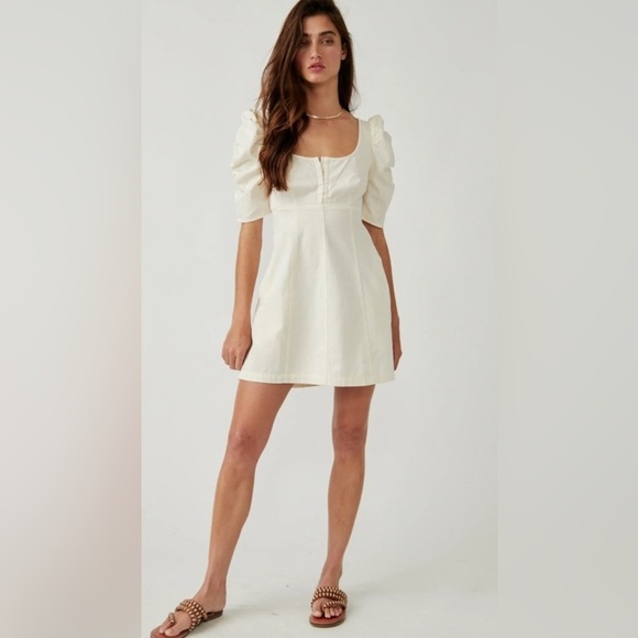 Free People Cheyenne Denim Mini Dress in Ivory - SMALL NWT - Picture 6 of 13
